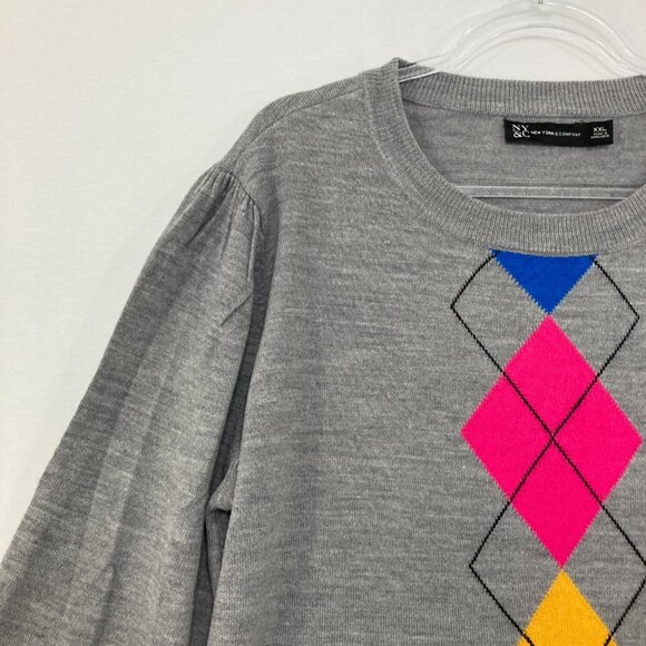 New York & Company size XXL Gray Argyle Colorful Print Light Knit Sweater Preppy - Picture 4 of 9